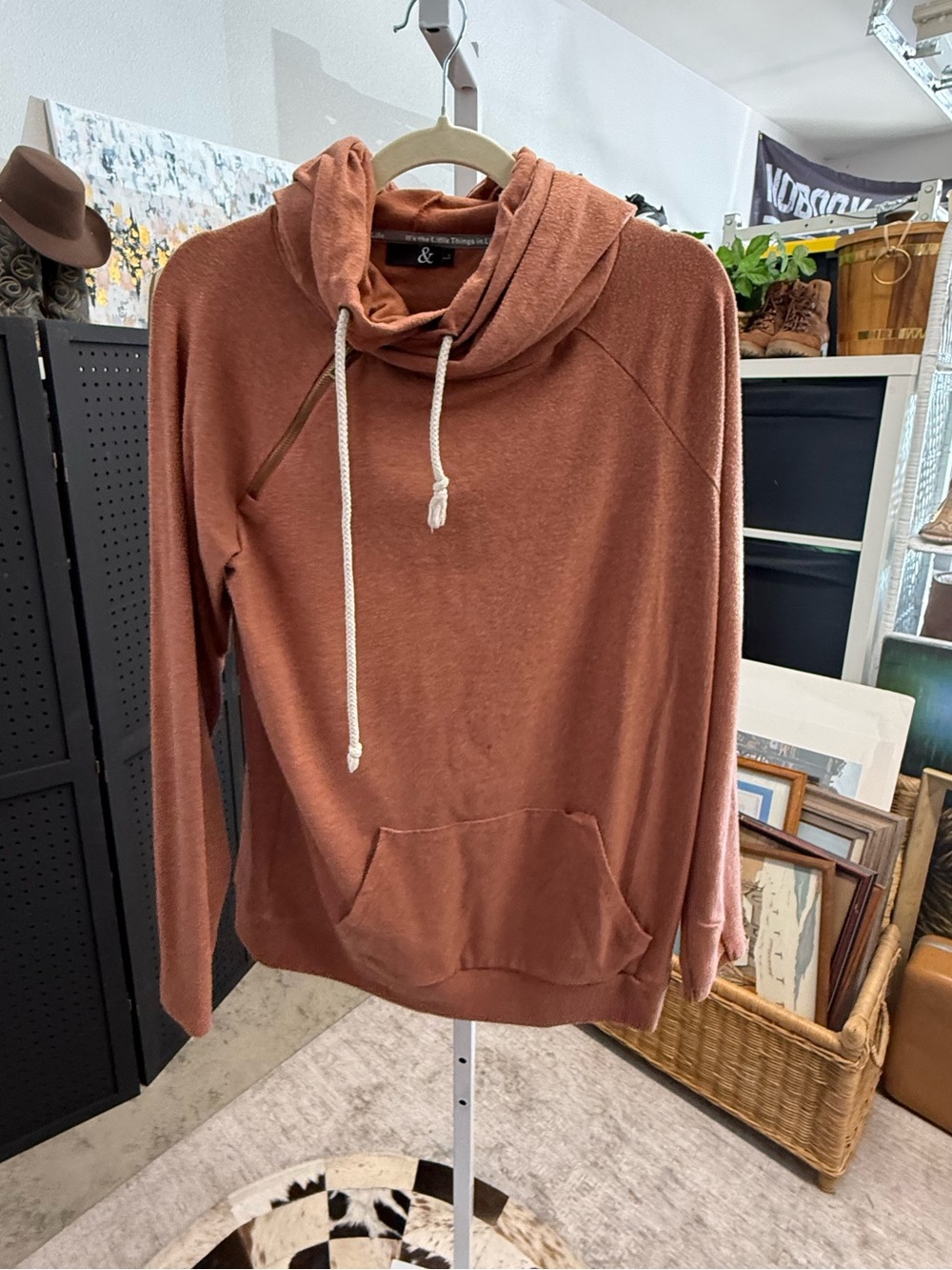 & Ampersand Avenue Cozy Rust Drawstring Cowl Neck Double Hood Sweatshirt